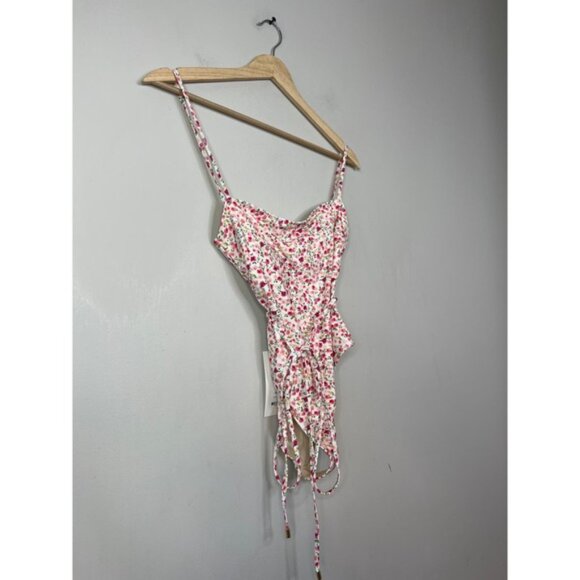 NWT Peony Tie Side One-Piece Floral Criss-Cross Back Swimsuit in Pink Rosie - Picture 3 of 8